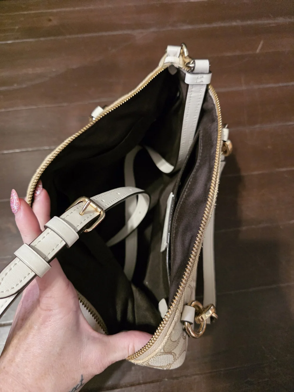 Coach Beige Signature Canvas Shoulder Bag with White Trim